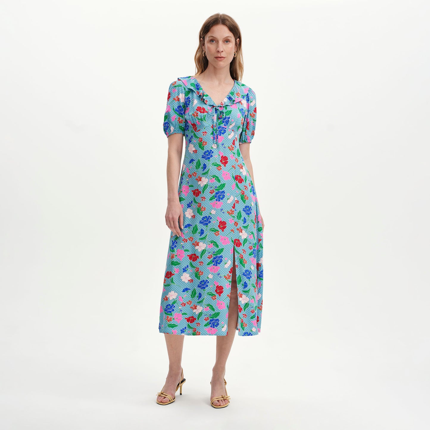 Zeffira Blue Floral Frill Collar Puff Sleeve Midi Dress