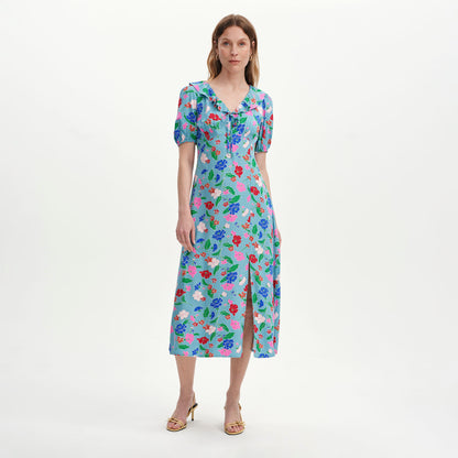 Zeffira Blue Floral Frill Collar Puff Sleeve Midi Dress