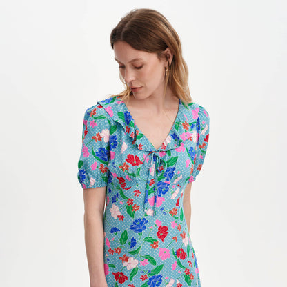 Zeffira Blue Floral Frill Collar Puff Sleeve Midi Dress
