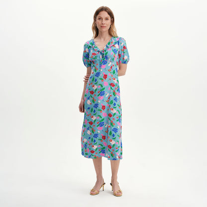 Zeffira Blue Floral Frill Collar Puff Sleeve Midi Dress