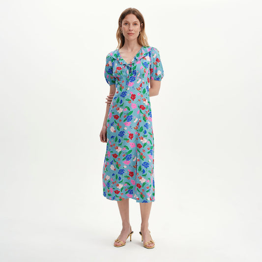 Zeffira Blue Floral Frill Collar Puff Sleeve Midi Dress