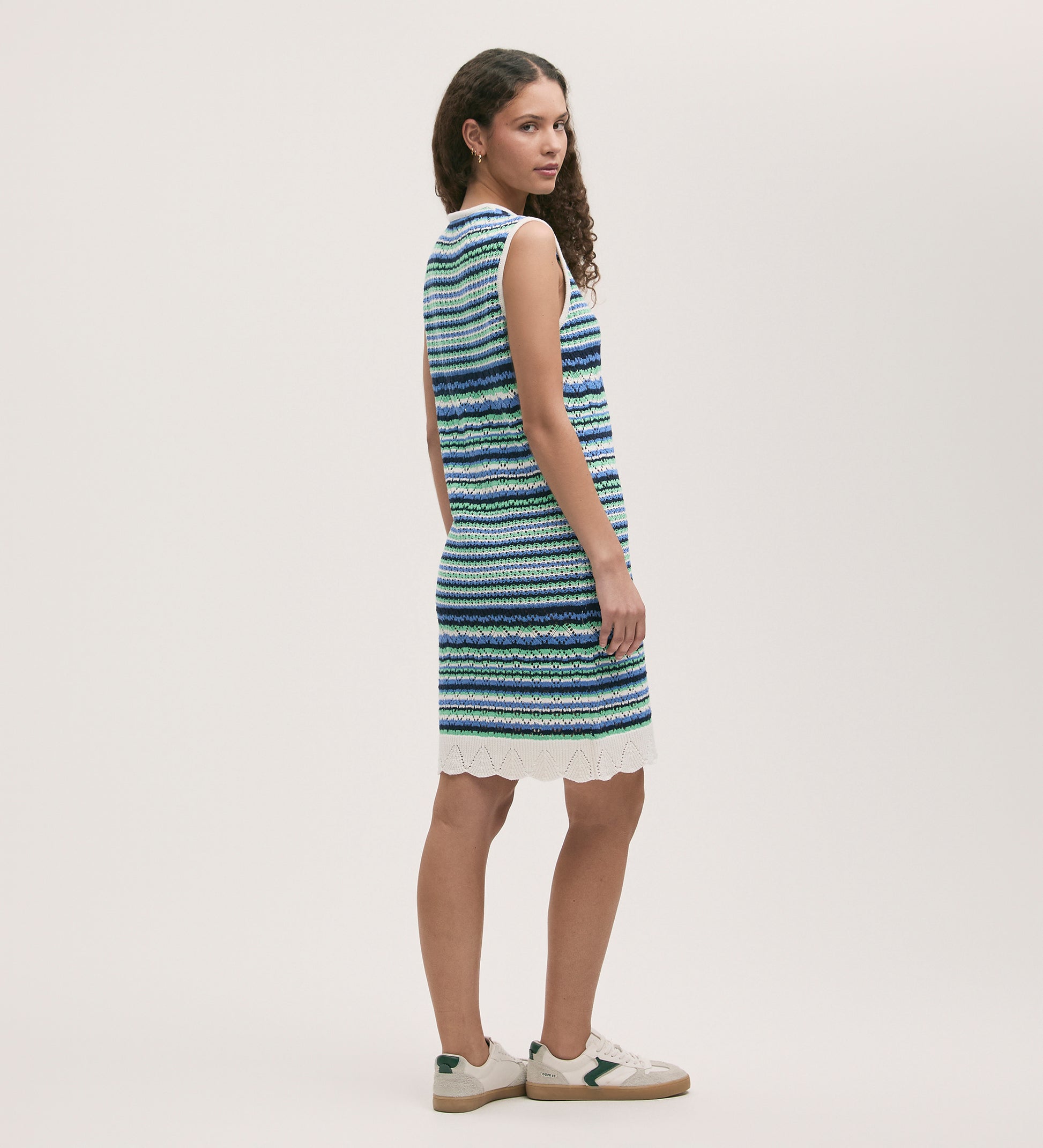 Zendaya Blue Striped Crochet Knee Length Dress Finery London Zendaya Blue Striped Crochet Knee Length Dress Finery London