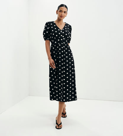 Addison Black Polka Dot Cotton Button-Through Smock Midi Dress