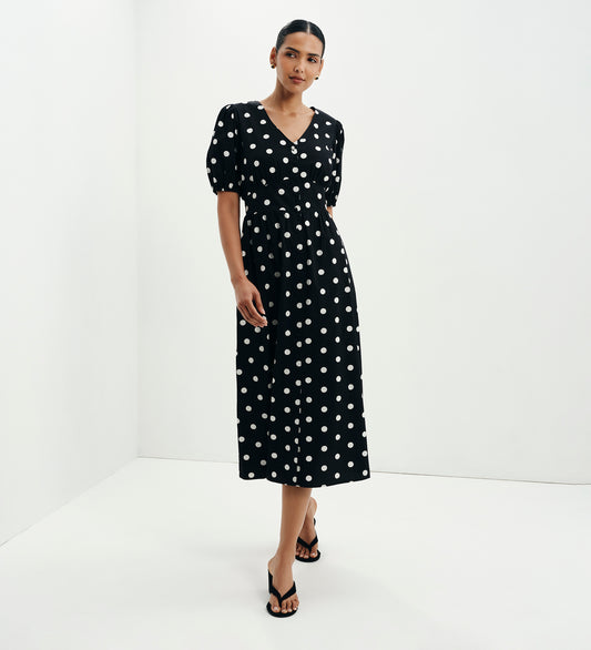 Addison Black Polka Dot Cotton Button-Through Smock Midi Dress