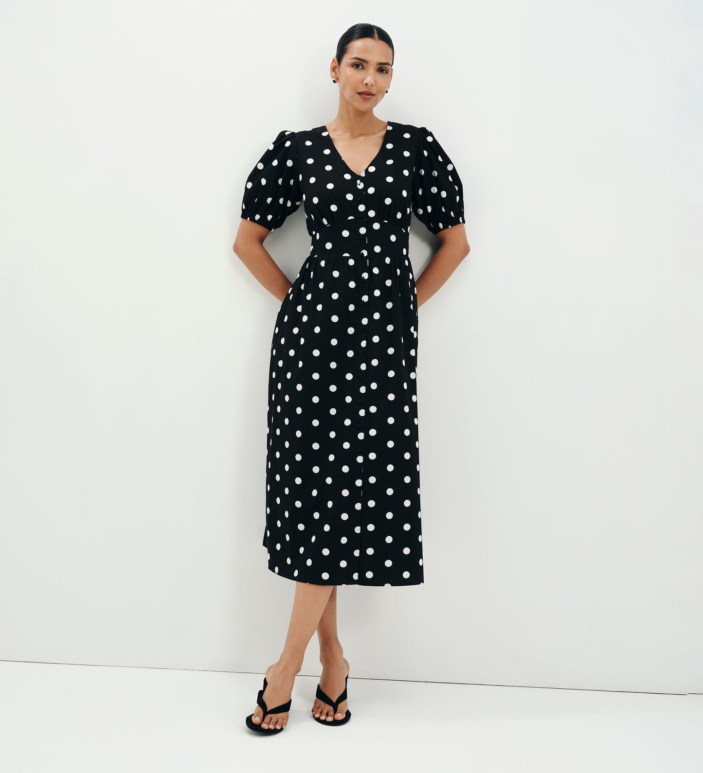 Addison Black Polka Dot Cotton Button-Through Smock Midi Dress
