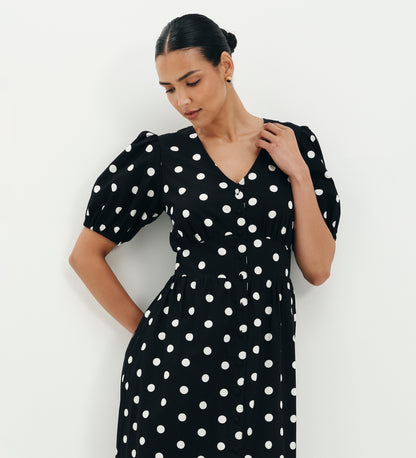 Addison Black Polka Dot Cotton Button-Through Smock Midi Dress