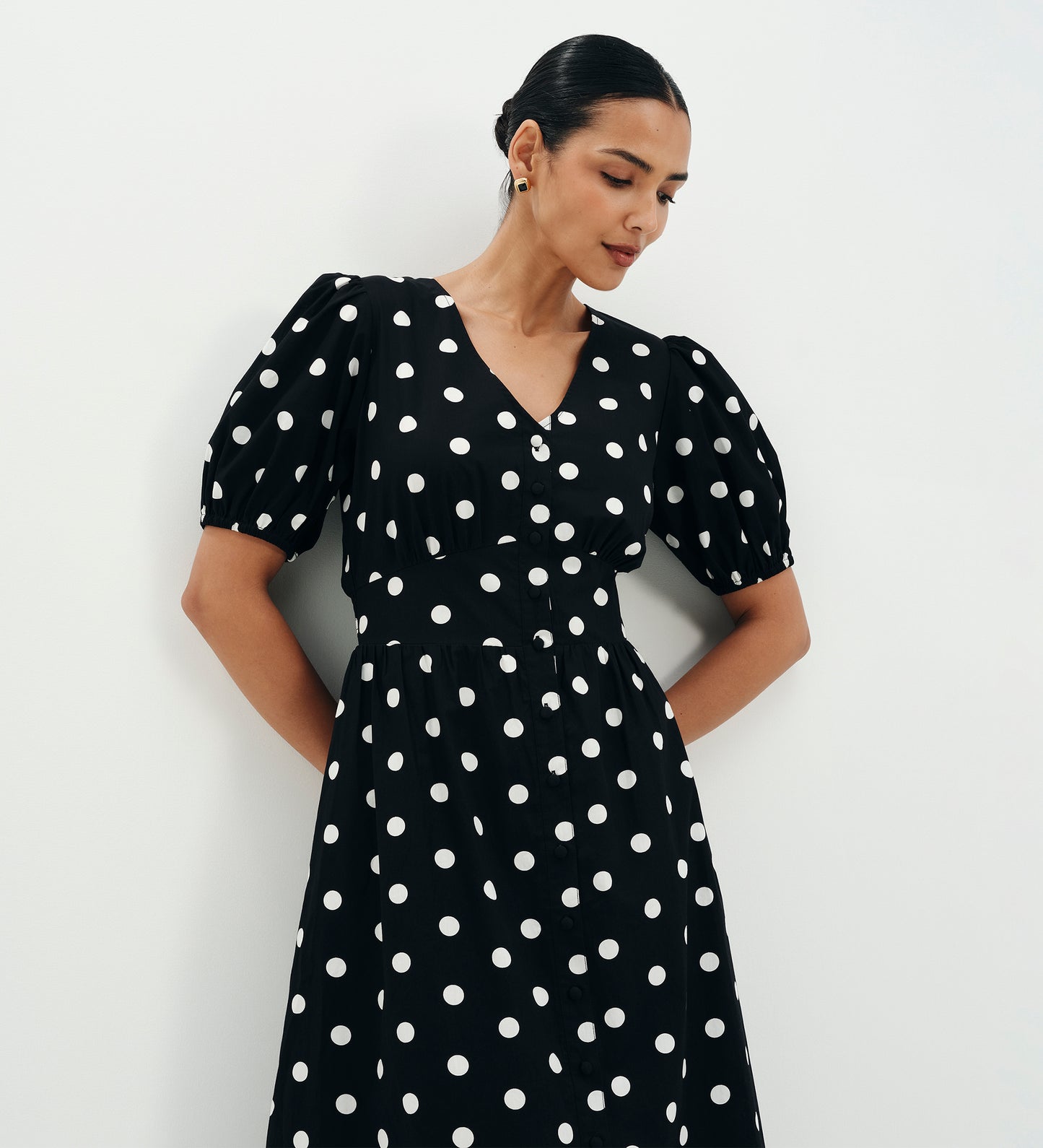 Addison Black Polka Dot Cotton Button-Through Smock Midi Dress