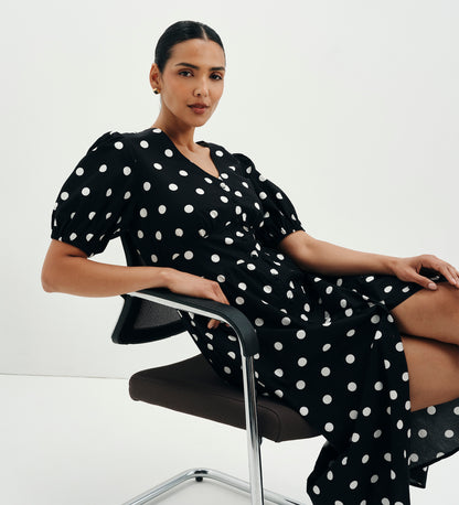 Addison Black Polka Dot Cotton Button-Through Smock Midi Dress