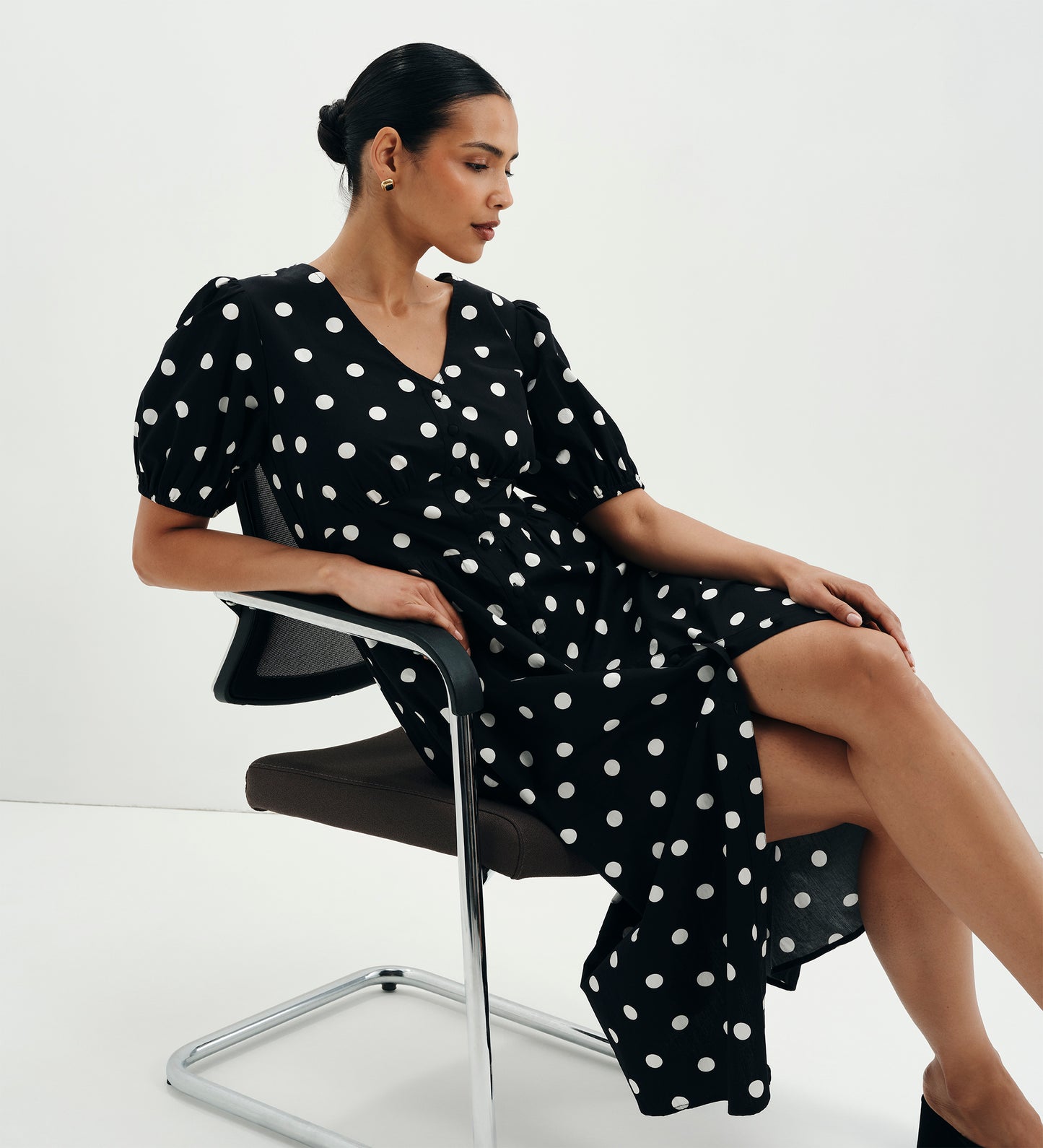 Addison Black Polka Dot Cotton Button-Through Smock Midi Dress