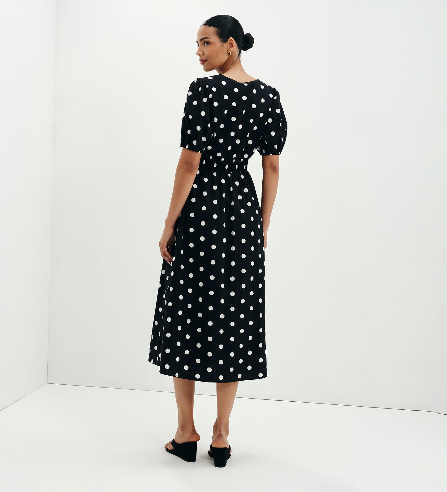 Addison Black Polka Dot Cotton Button-Through Smock Midi Dress