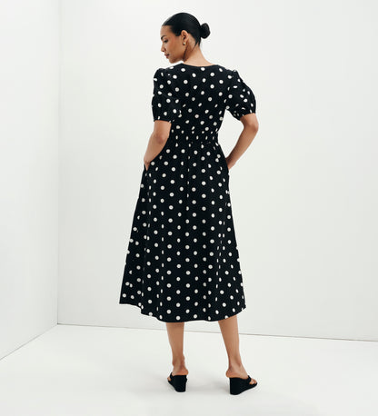 Addison Black Polka Dot Cotton Button-Through Smock Midi Dress