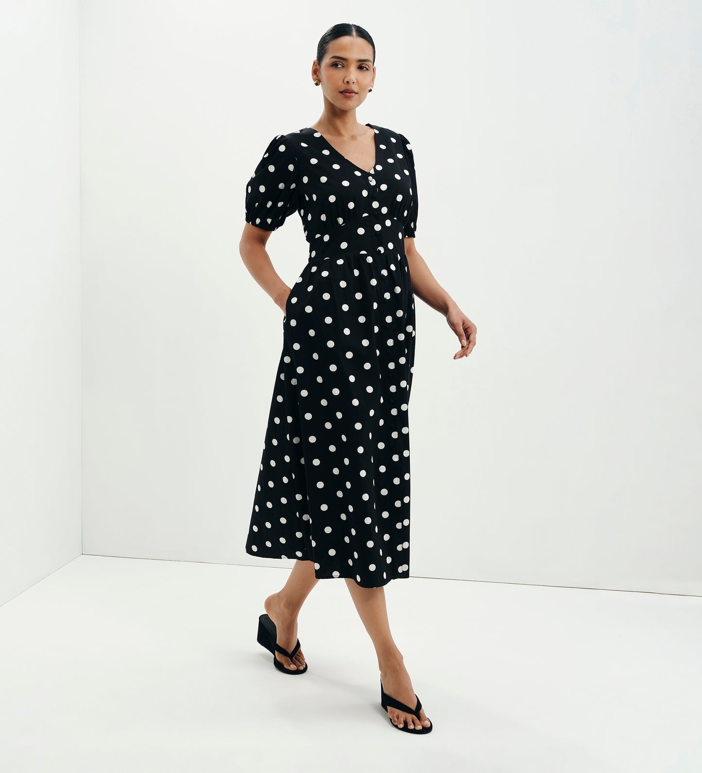 Addison Black Polka Dot Cotton Button-Through Smock Midi Dress