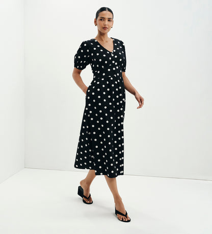 Addison Black Polka Dot Cotton Button-Through Smock Midi Dress