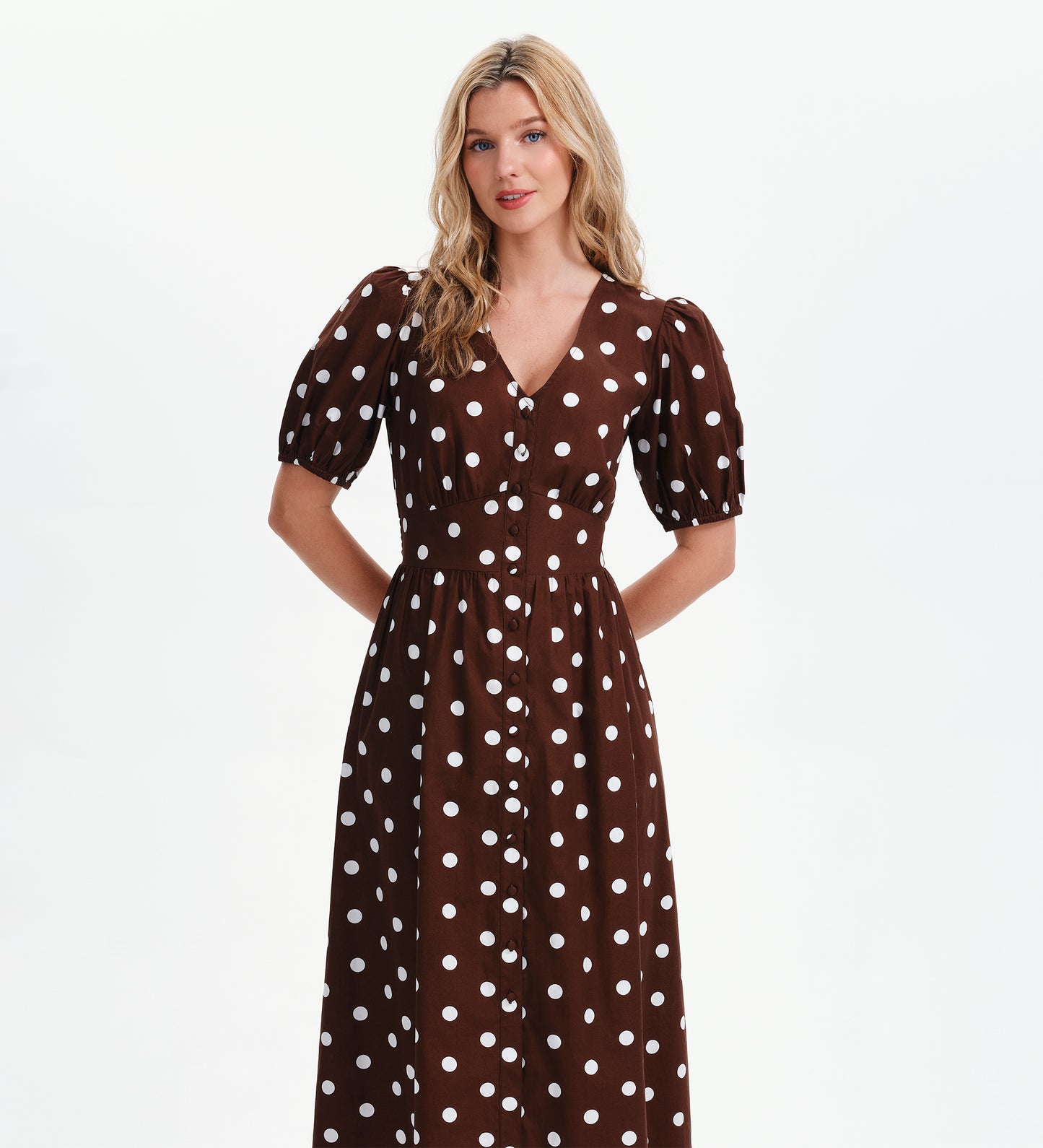 Addison Brown Polka Dot Cotton Button-Through Smock Midi Dress