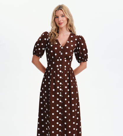 Addison Brown Polka Dot Cotton Button-Through Smock Midi Dress