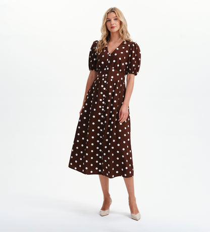 Addison Brown Polka Dot Cotton Button-Through Smock Midi Dress
