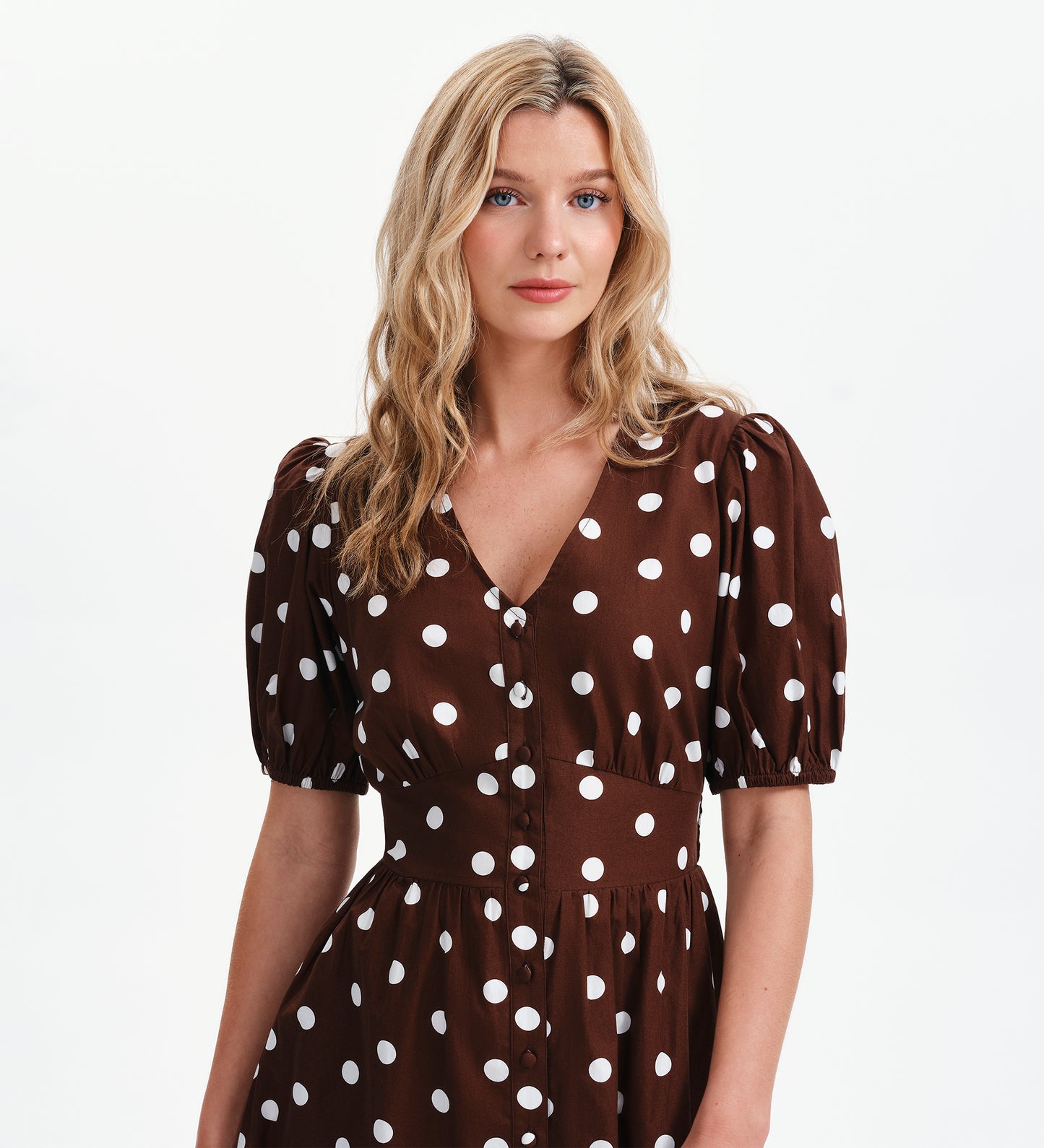 Addison Brown Polka Dot Cotton Button-Through Smock Midi Dress