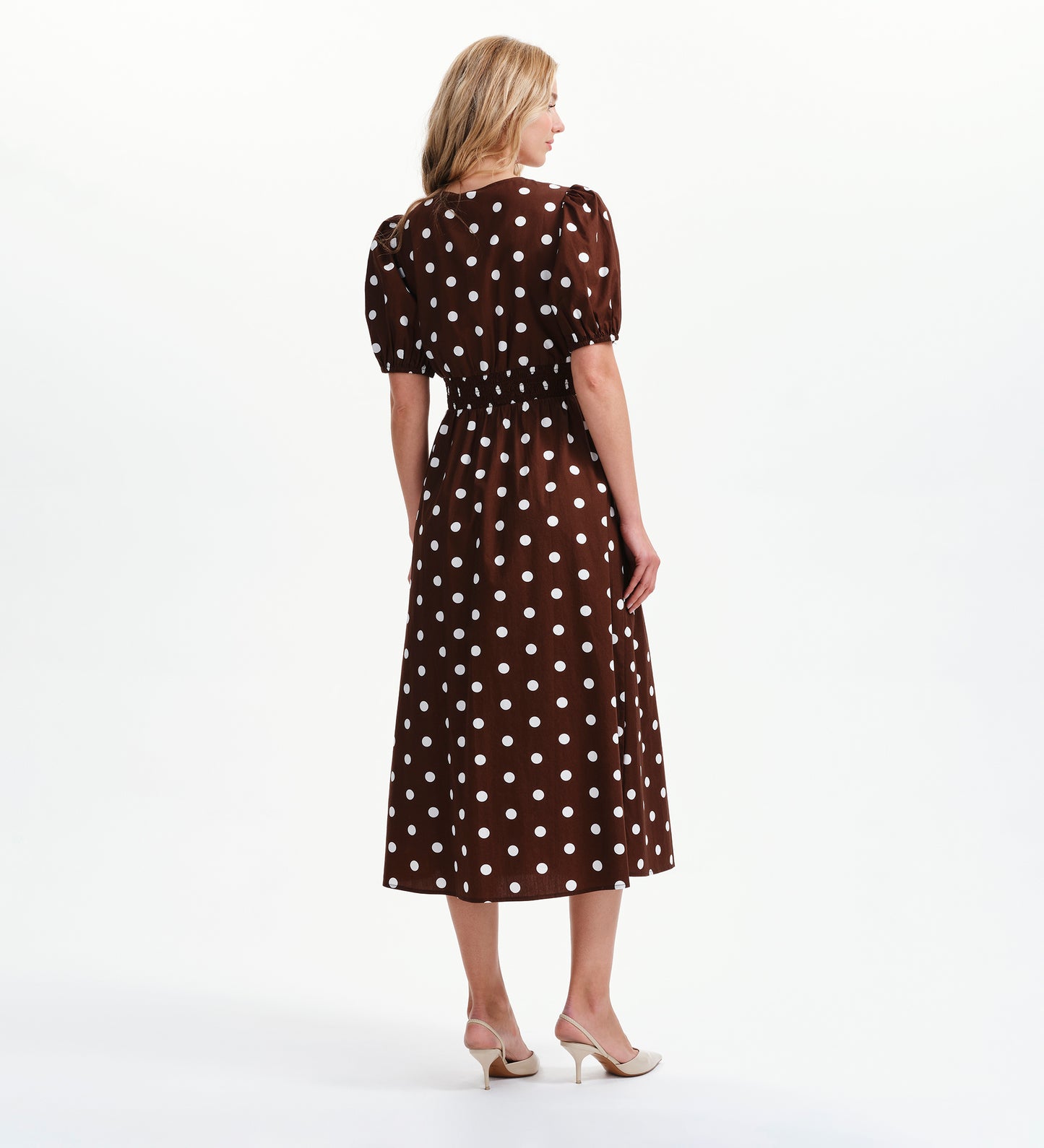 Addison Brown Polka Dot Cotton Button-Through Smock Midi Dress
