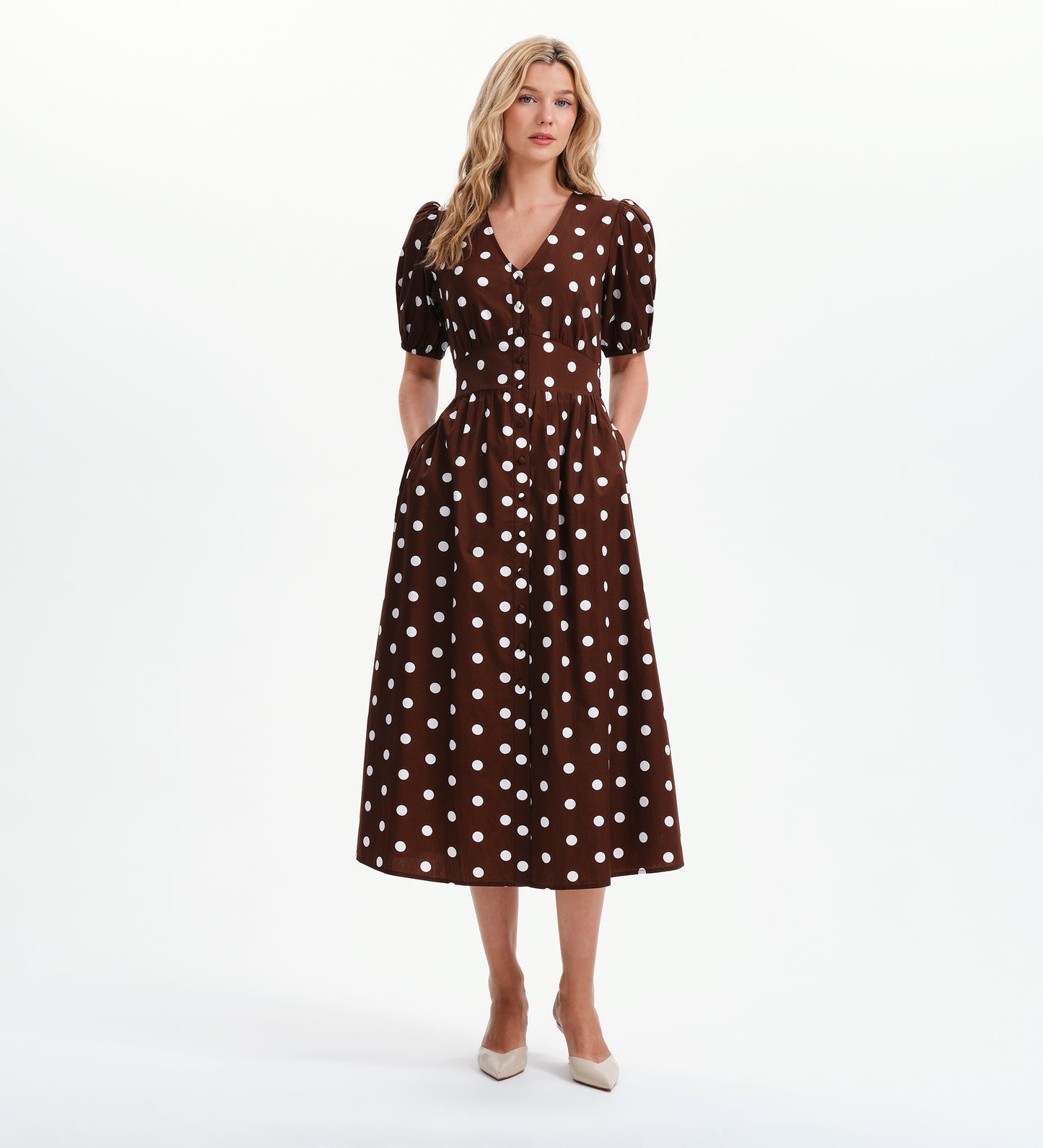 Addison Brown Polka Dot Cotton Button-Through Smock Midi Dress