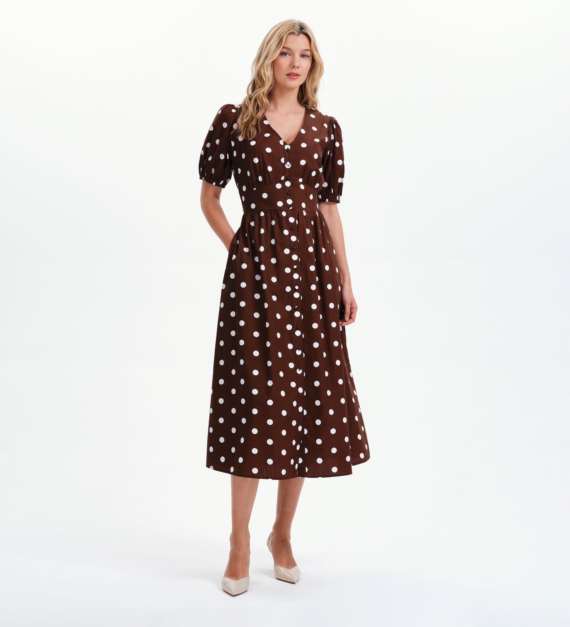 Addison Brown Polka Dot Cotton Button-Through Smock Midi Dress – Finery London