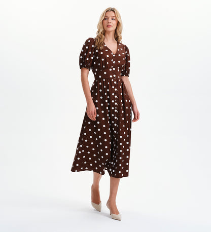 Addison Brown Polka Dot Cotton Button-Through Smock Midi Dress