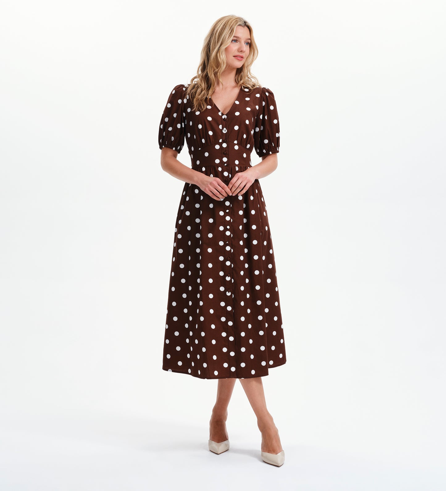 Addison Brown Polka Dot Cotton Button-Through Smock Midi Dress