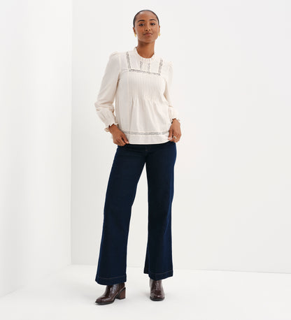 Alicia Ivory Corduroy Lace Trim Pintuck Top