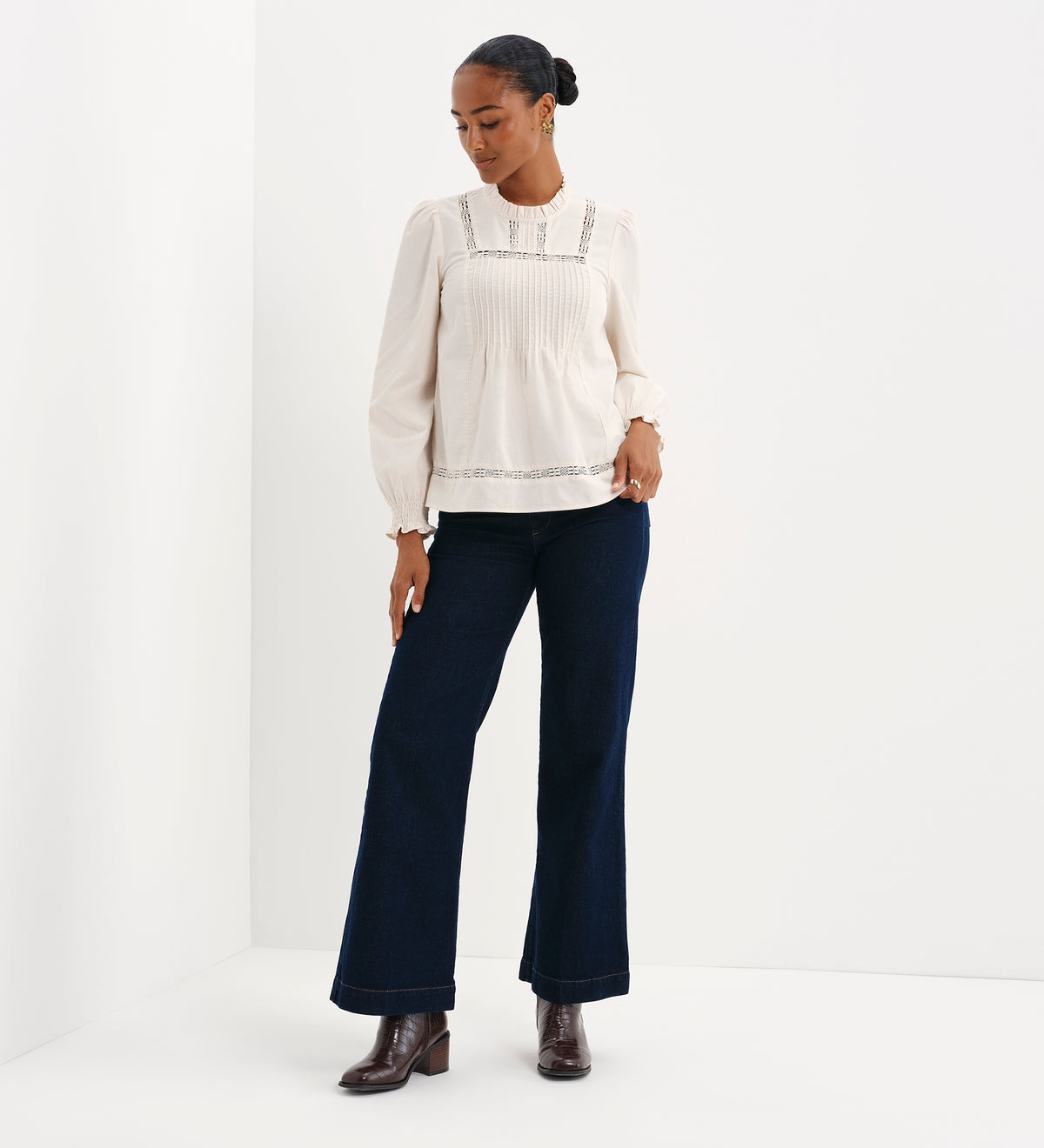 Alicia Ivory Corduroy Lace Trim Pintuck Top