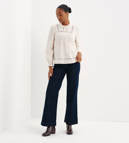 Alicia Ivory Corduroy Lace Trim Pintuck Top