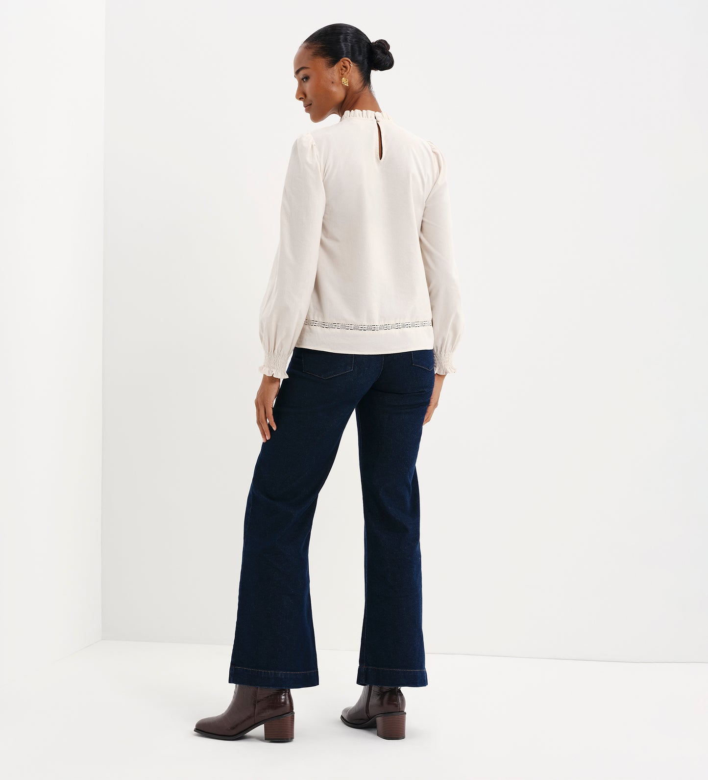 Alicia Ivory Corduroy Lace Trim Pintuck Top