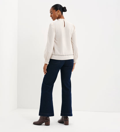 Alicia Ivory Corduroy Lace Trim Pintuck Top