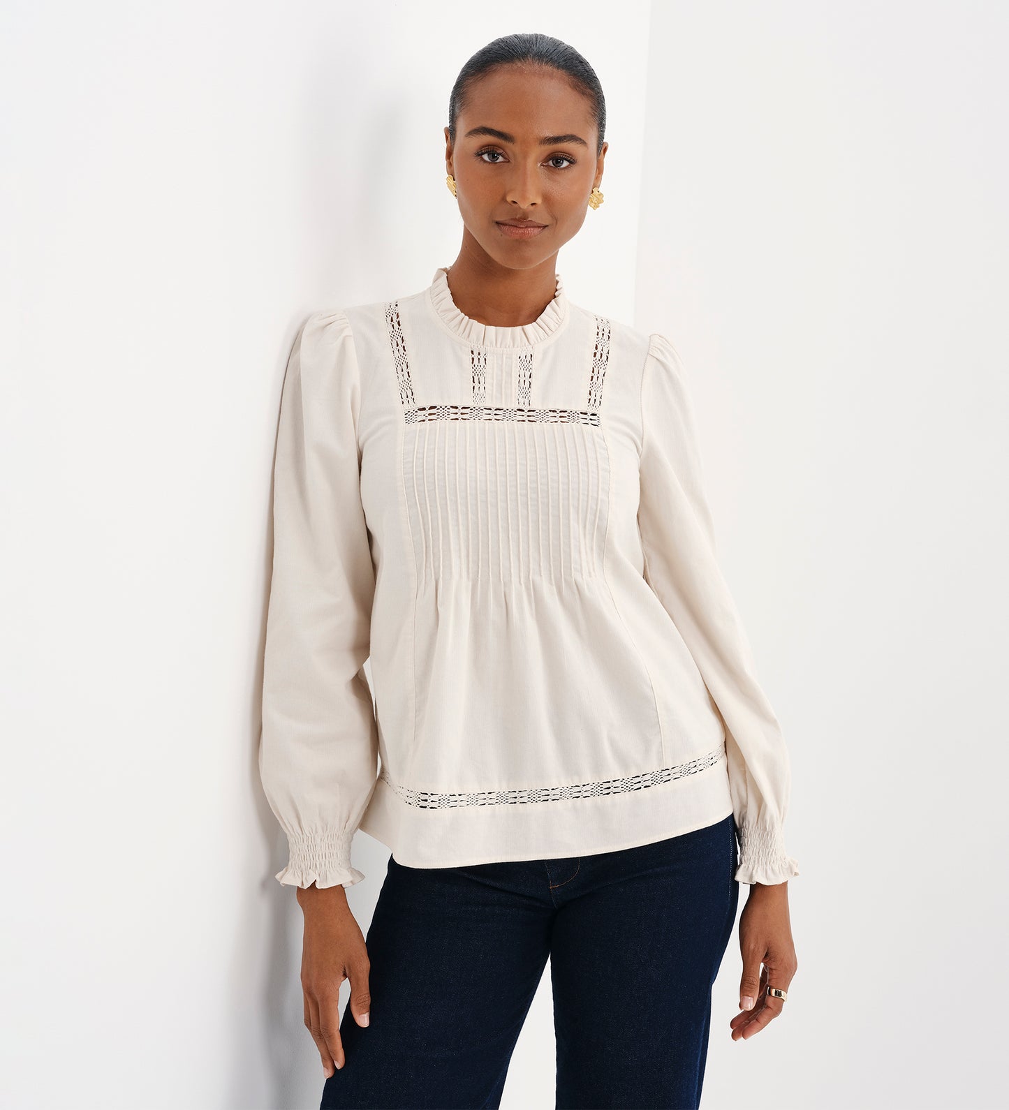 Alicia Ivory Corduroy Lace Trim Pintuck Top