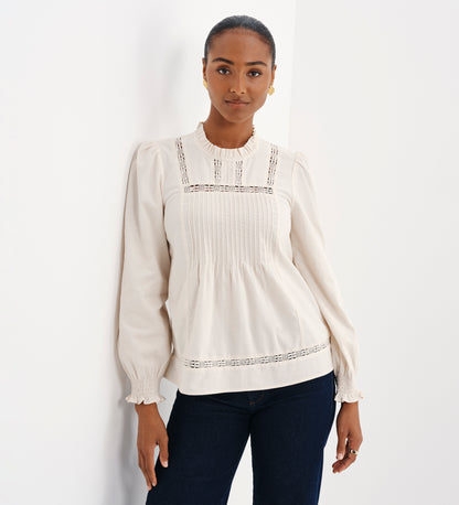 Alicia Ivory Corduroy Lace Trim Pintuck Top