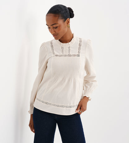 Alicia Ivory Corduroy Lace Trim Pintuck Top