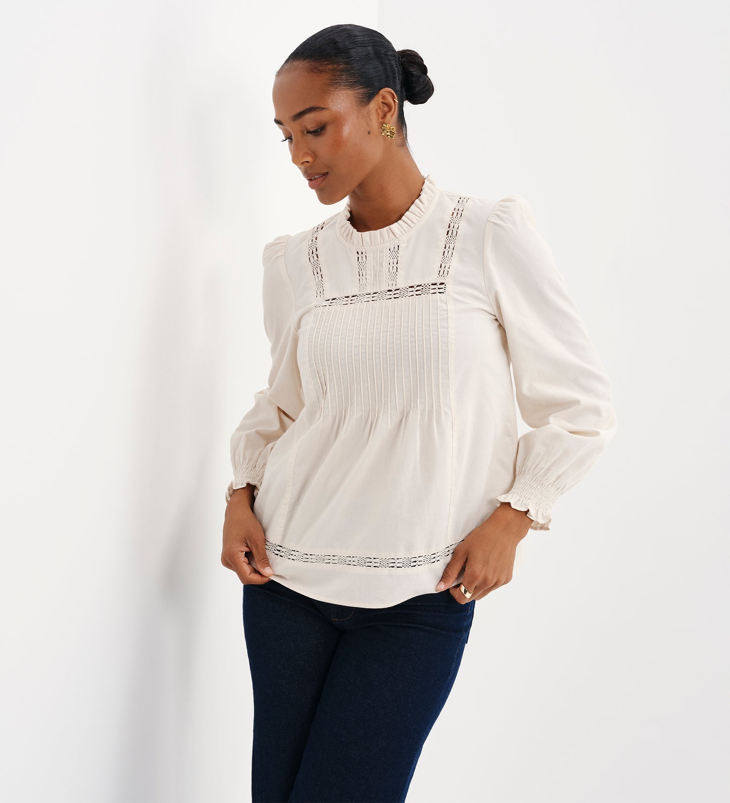 Alicia Ivory Corduroy Lace Trim Pintuck Top