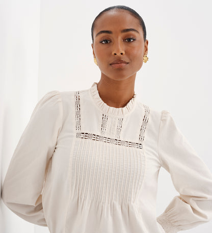 Alicia Ivory Corduroy Lace Trim Pintuck Top