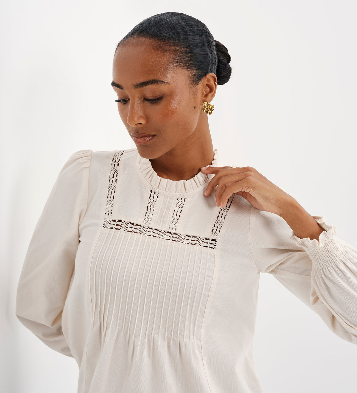 Alicia Ivory Corduroy Lace Trim Pintuck Top