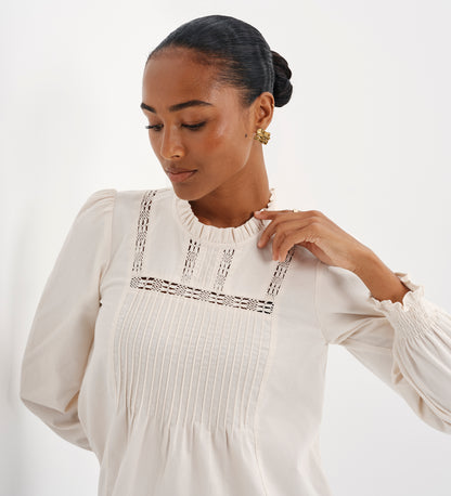 Alicia Ivory Corduroy Lace Trim Pintuck Top