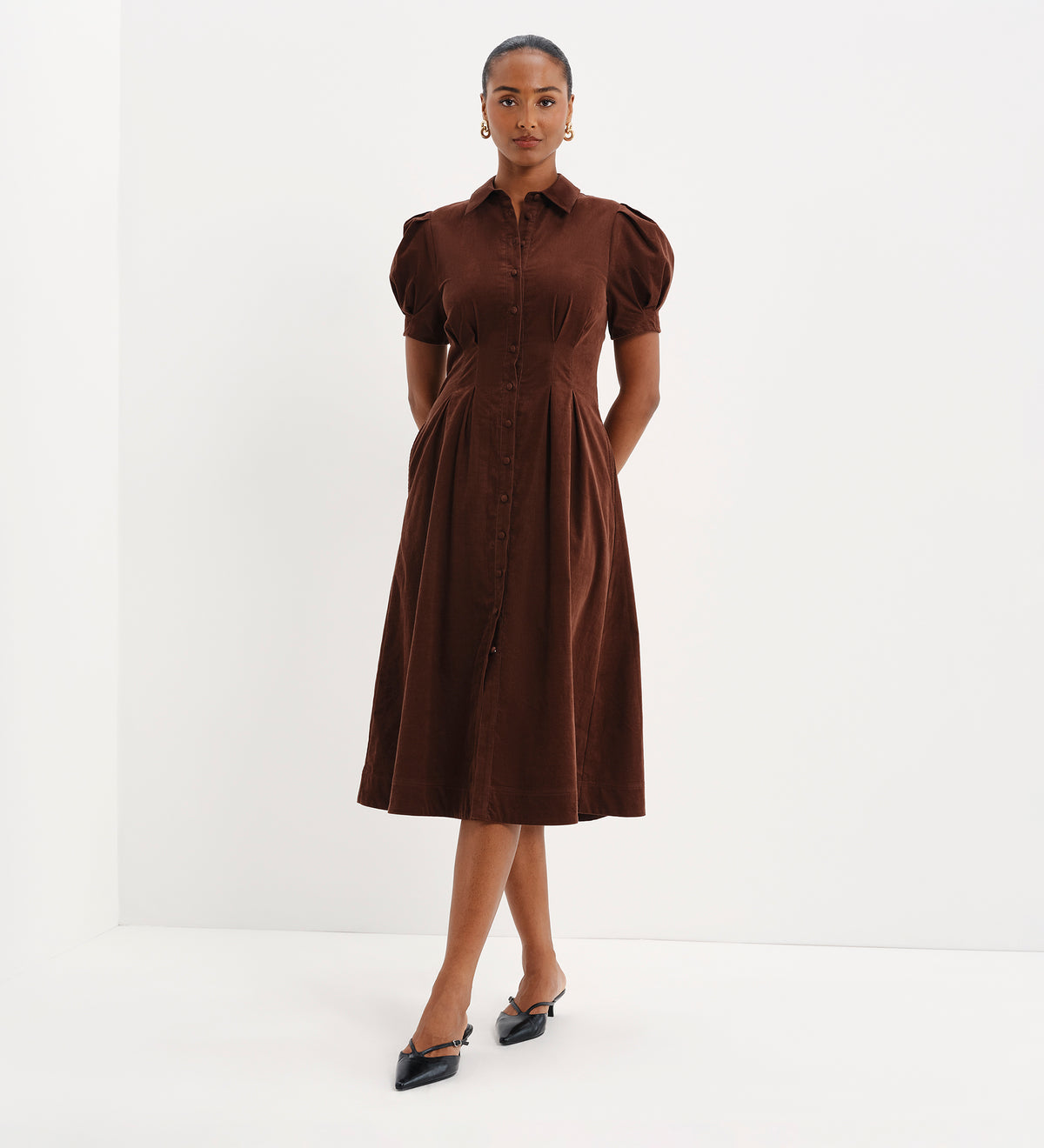 Anika Brown Corduroy Puff Sleeve Midi Shirt Dress