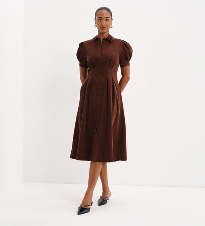 Anika Brown Corduroy Puff Sleeve Midi Shirt Dress