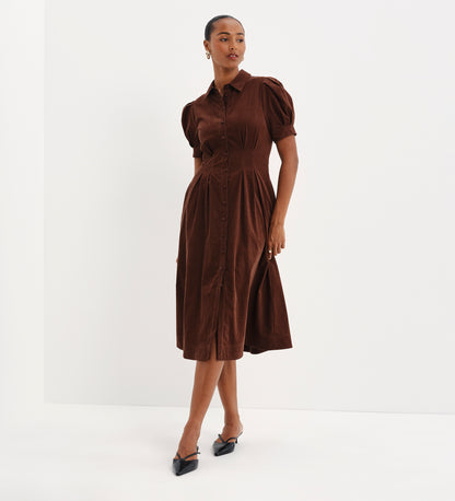 Anika Brown Corduroy Puff Sleeve Midi Shirt Dress