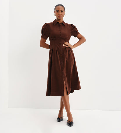 Anika Brown Corduroy Puff Sleeve Midi Shirt Dress