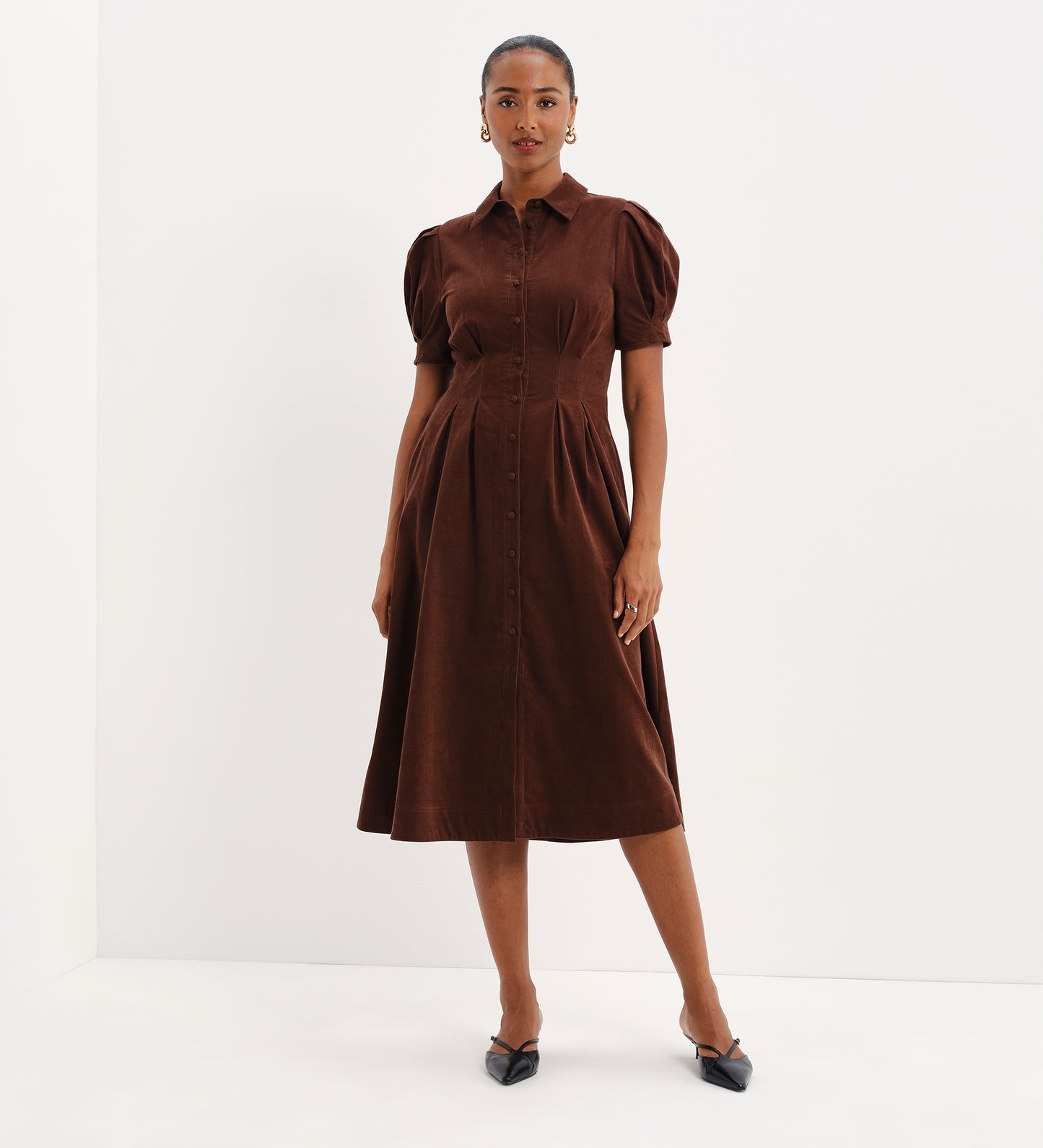 Anika Brown Corduroy Puff Sleeve Midi Shirt Dress