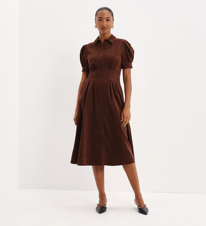 Anika Brown Corduroy Puff Sleeve Midi Shirt Dress