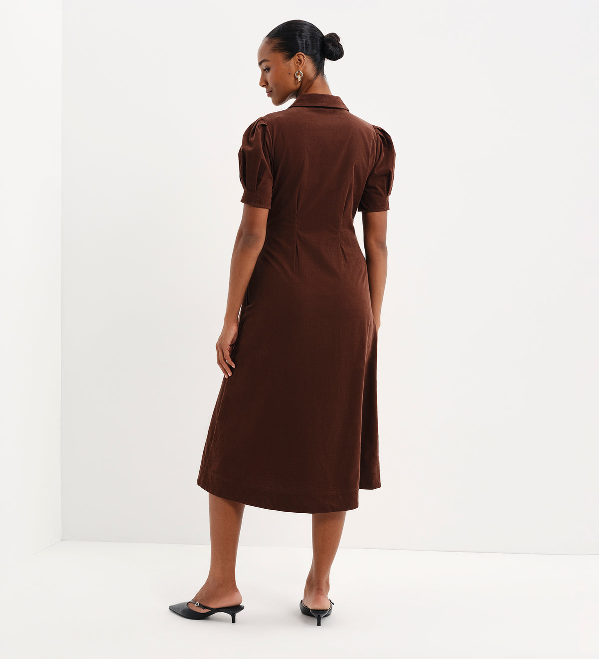 Anika Brown Corduroy Puff Sleeve Midi Shirt Dress