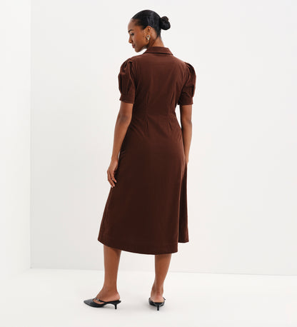 Anika Brown Corduroy Puff Sleeve Midi Shirt Dress