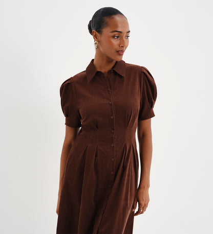 Anika Brown Corduroy Puff Sleeve Midi Shirt Dress