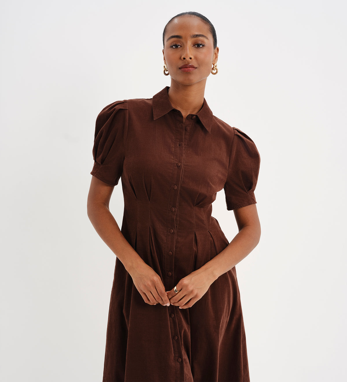 Anika Brown Corduroy Puff Sleeve Midi Shirt Dress