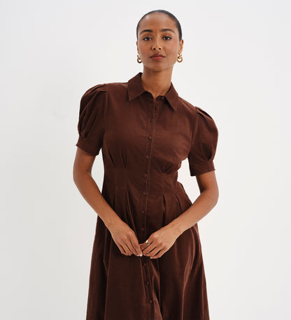 Anika Brown Corduroy Puff Sleeve Midi Shirt Dress