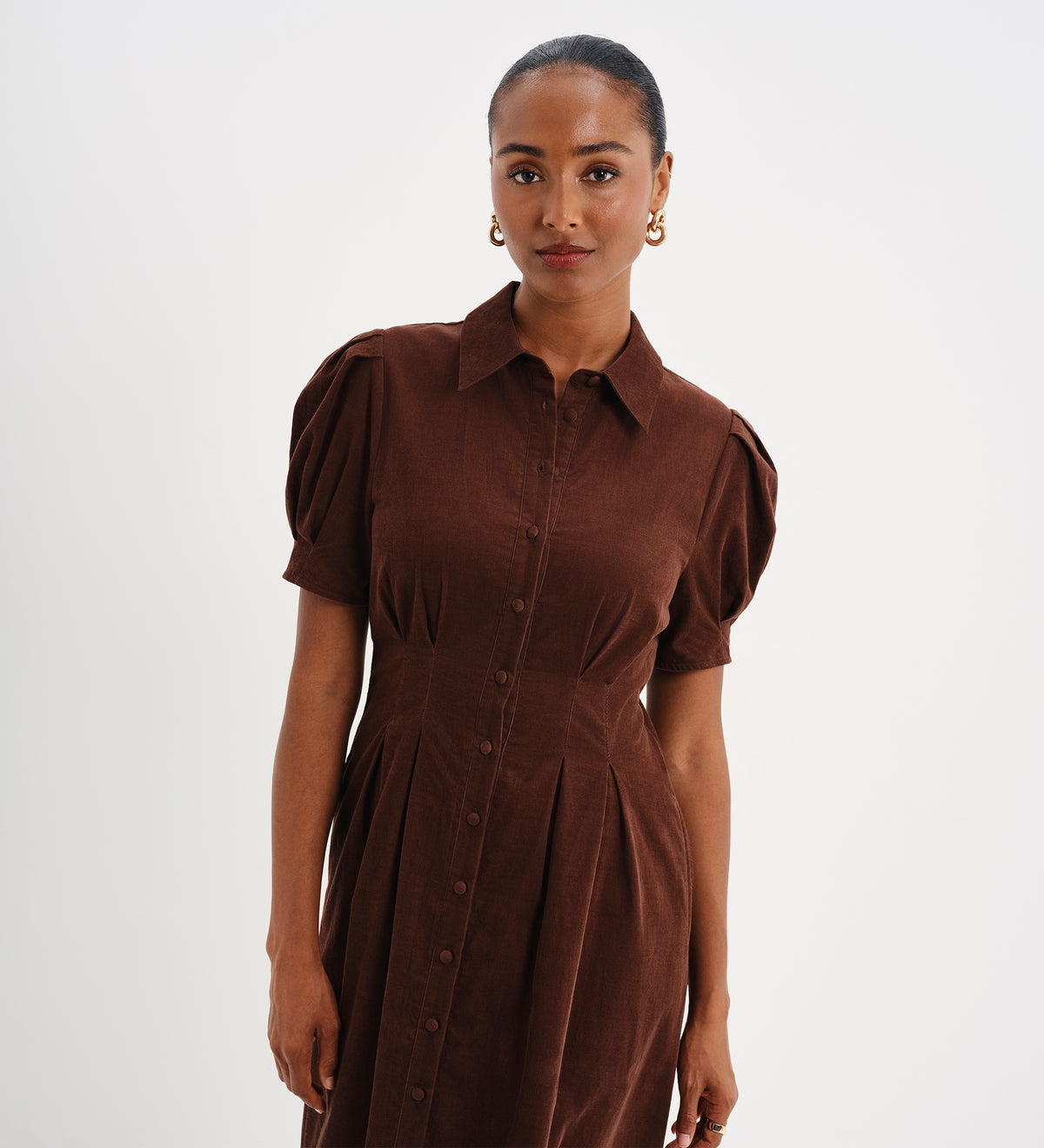 Anika Brown Corduroy Puff Sleeve Midi Shirt Dress